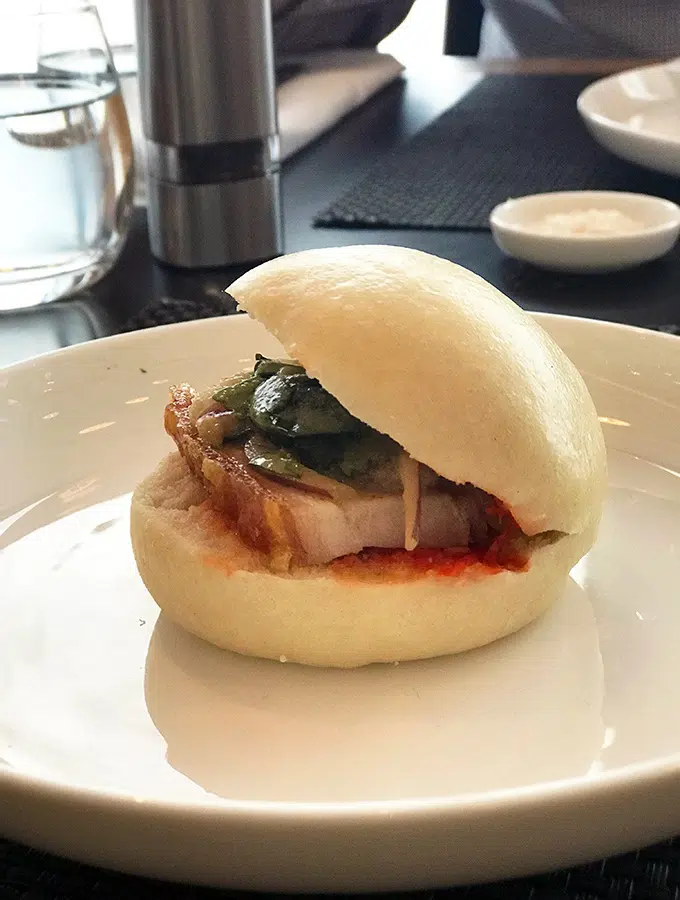 Qantas First Class Lounge Sydney - Asian style pork bun, on of the light offerings on the first class lounge menu