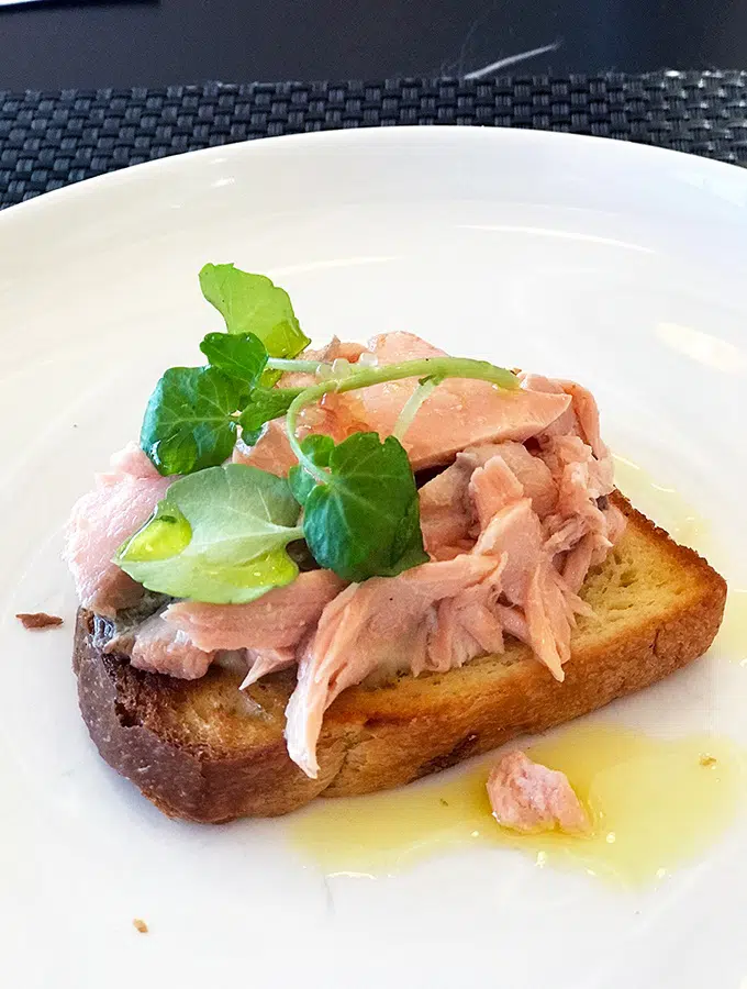 Qantas First Class Lounge Sydney - Poached Salmon on Toasted Brioche