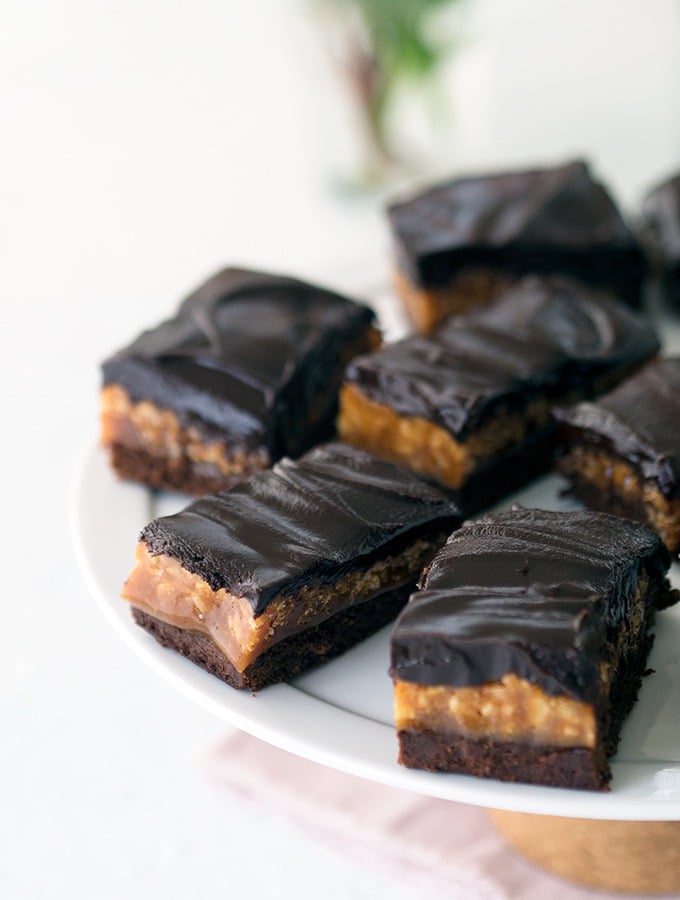 Caramel Crunch Brownies - Caramel Crunch Bars with a dark chocolate brownie base, crunchy caramel filling topped with rich decadent dark chocolate ganache.