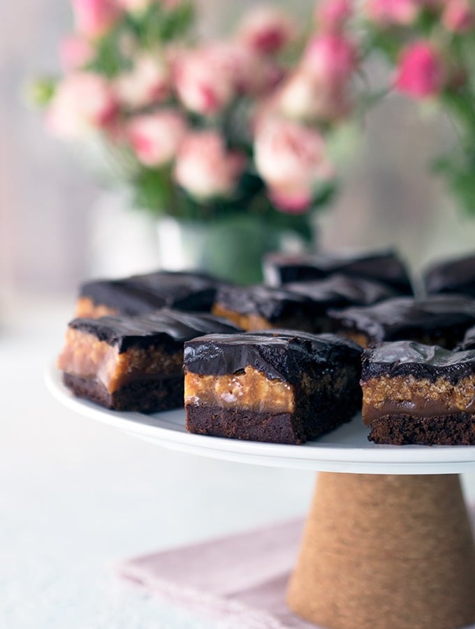 Caramel Crunch Brownies - You could also call these Caramel Crunch Bars. Traditional caramel recipe with rice puffs are the filling to these rich dark chocolate brownies