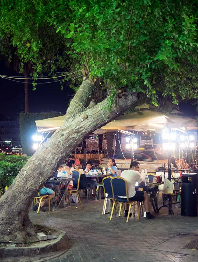 Outdoor seating in Dubai with a giant tree