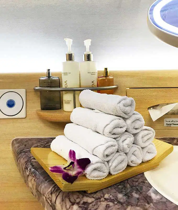 Emirates A380 first class bathroom shower spa hand towels