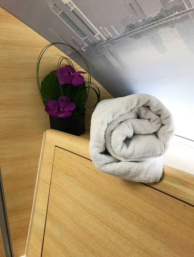 Emirates A380 first class bathroom shower spa towel