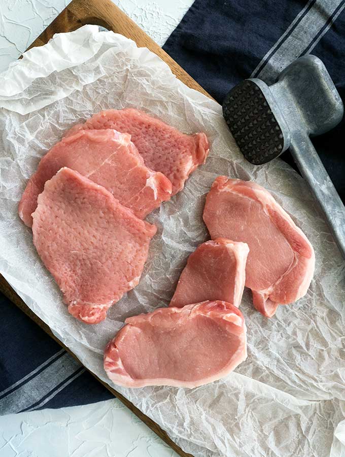 pork loin chops flattened with a meat mallet
