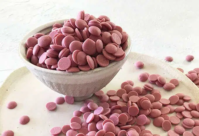 Barry Callebaut Ruby callets in a bowl