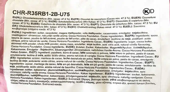 list of ingredients on the chocolate packaging