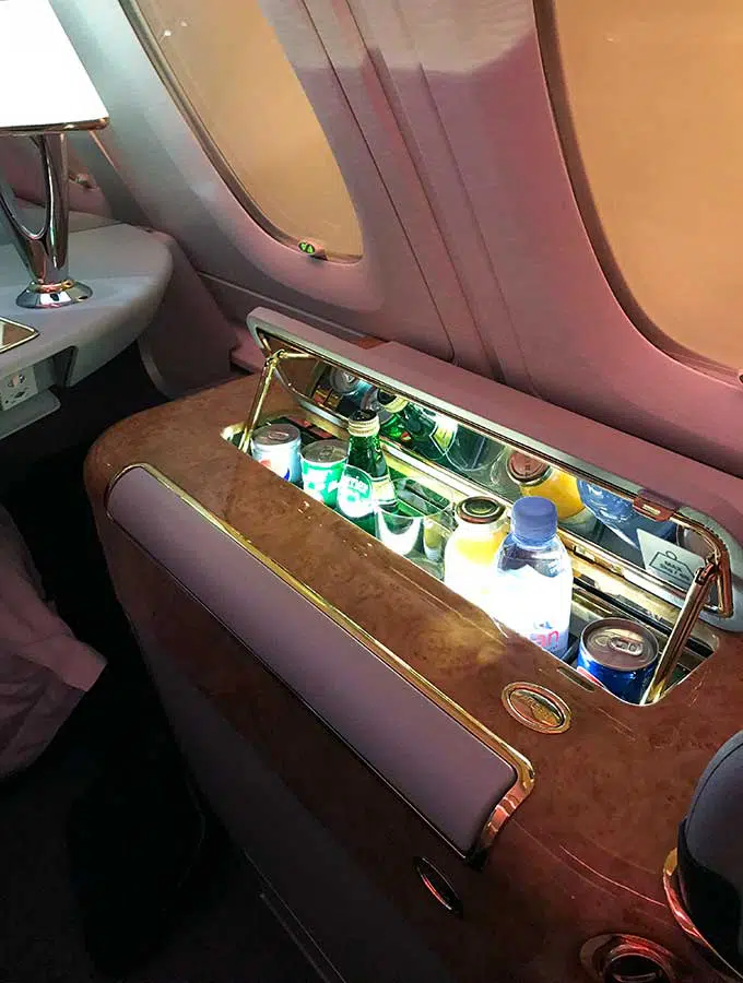 Emirates First Class Sydney to Bangkok first class suite personal mini bar