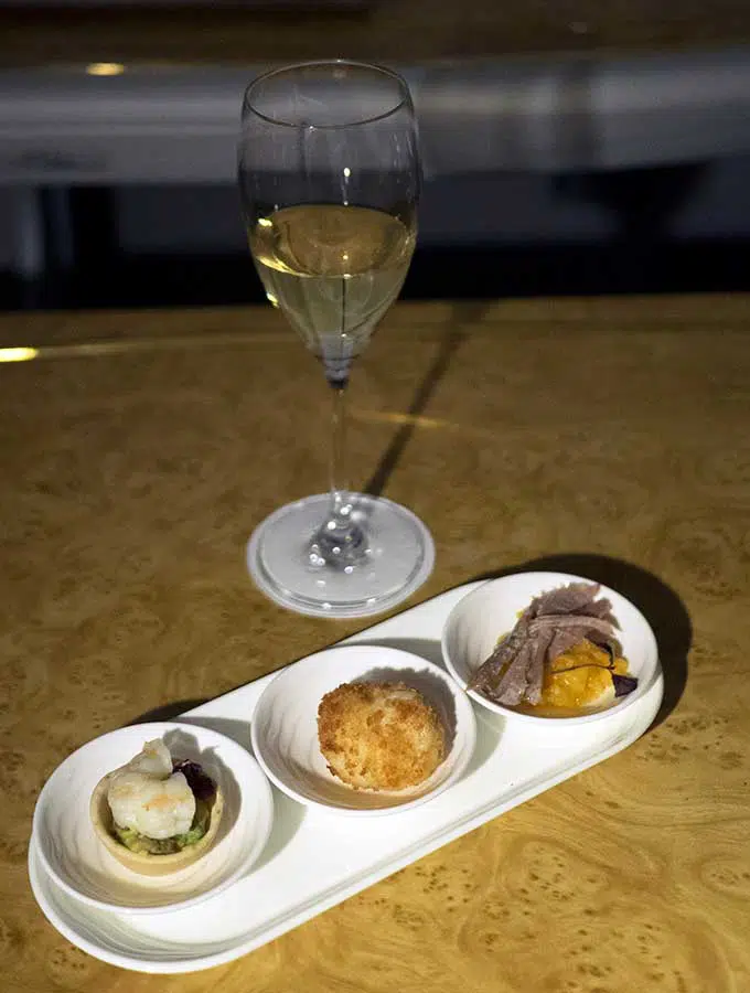 Emirates First Class Sydney to Bangkok trio of canape to accompany champagne