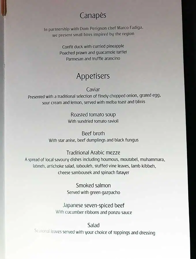 Emirates First Class Sydney to Bangkok Menu