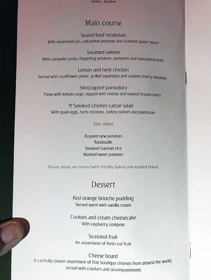 Emirates First Class Sydney to Bangkok Menu