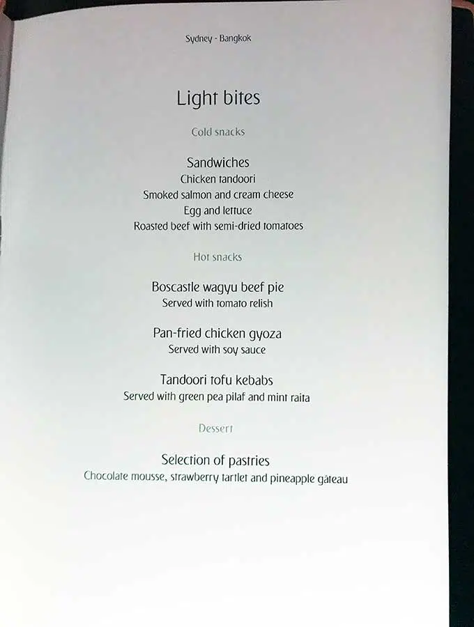 Emirates First Class Sydney to Bangkok Menu