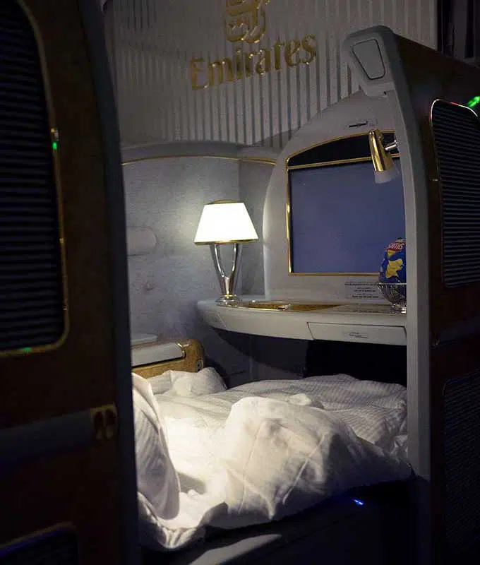 Emirates First Class Sydney to Bangkok Side view of first class suite