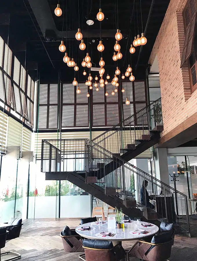 stairs and lighting in basta restaurant