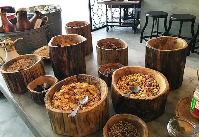 various cereals in wooden containers that look like tree stumps