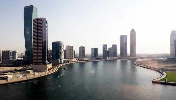 view of dubai water canal with buildings at day