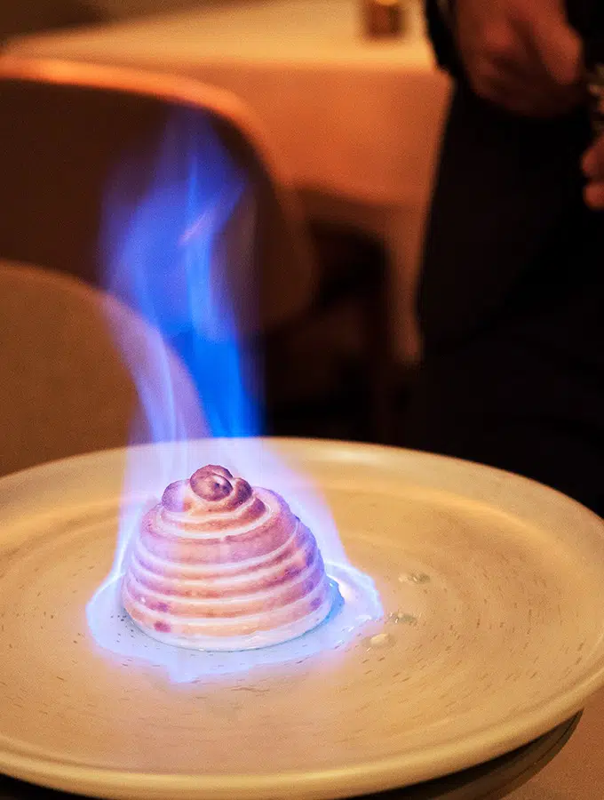 bombe Alaska of anise hyssop, chocolate sorbet