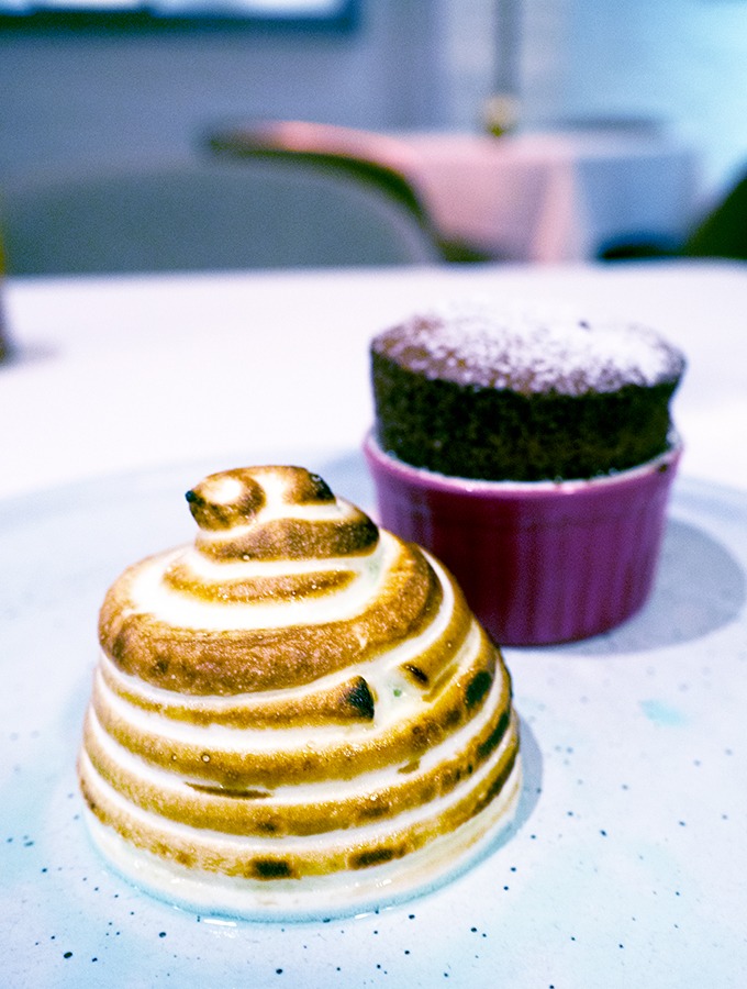 Chocolate soufflé, bombe Alaska of anise hyssop, chocolate sorbet