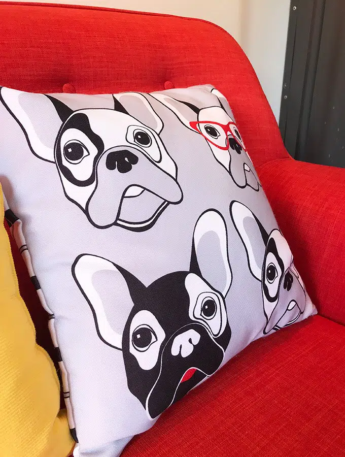 pillow with pugs on it on a red lounge at the dog house port macquarie