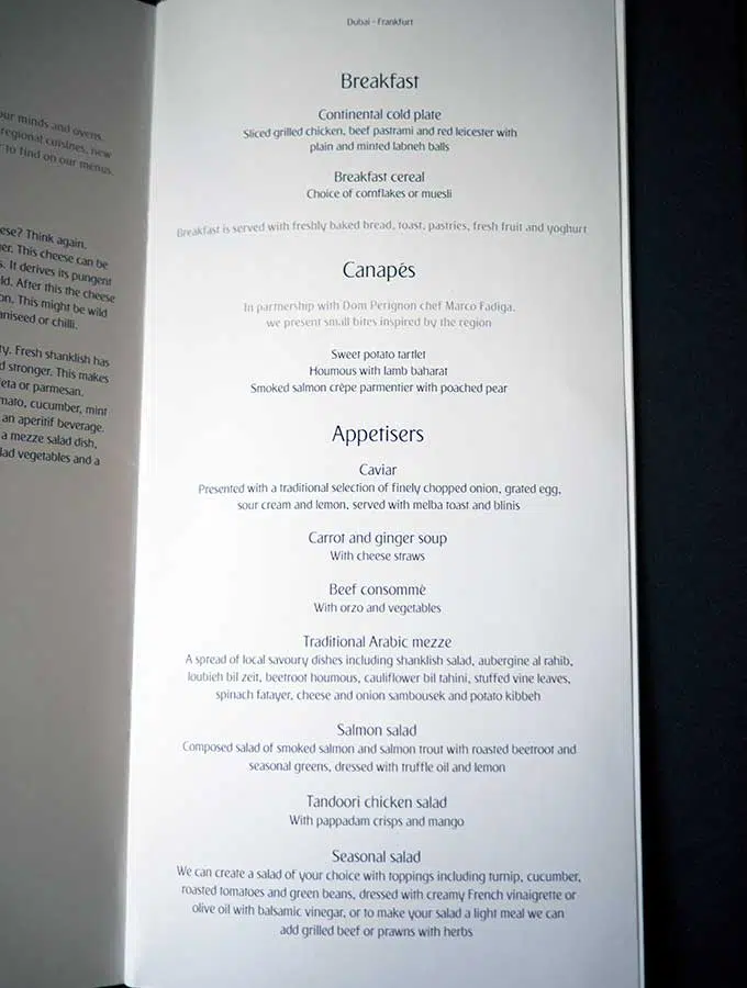 Emirates First Class Menu EK045