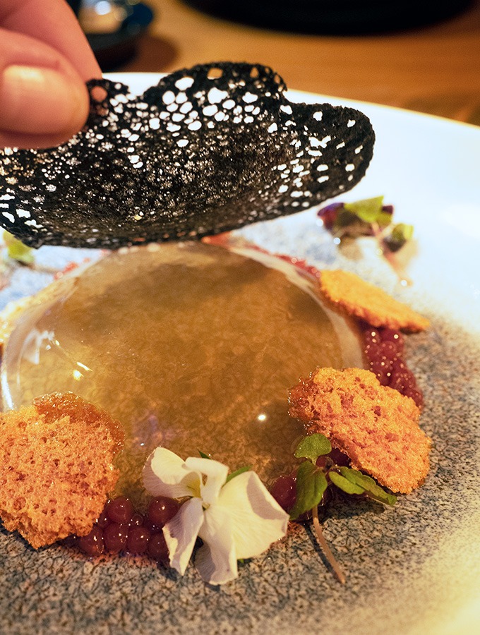 watermelon jelly on a plate surrounded by flowers, honeycomb and topped with a charcoal tuile