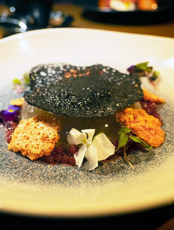 watermelon jelly on a plate surrounded by flowers, honeycomb and topped with a charcoal tuile