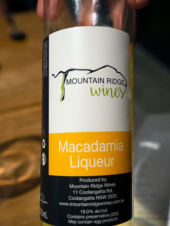 bottle of macadamia liqueur from mountain ridge at bangalay dinining