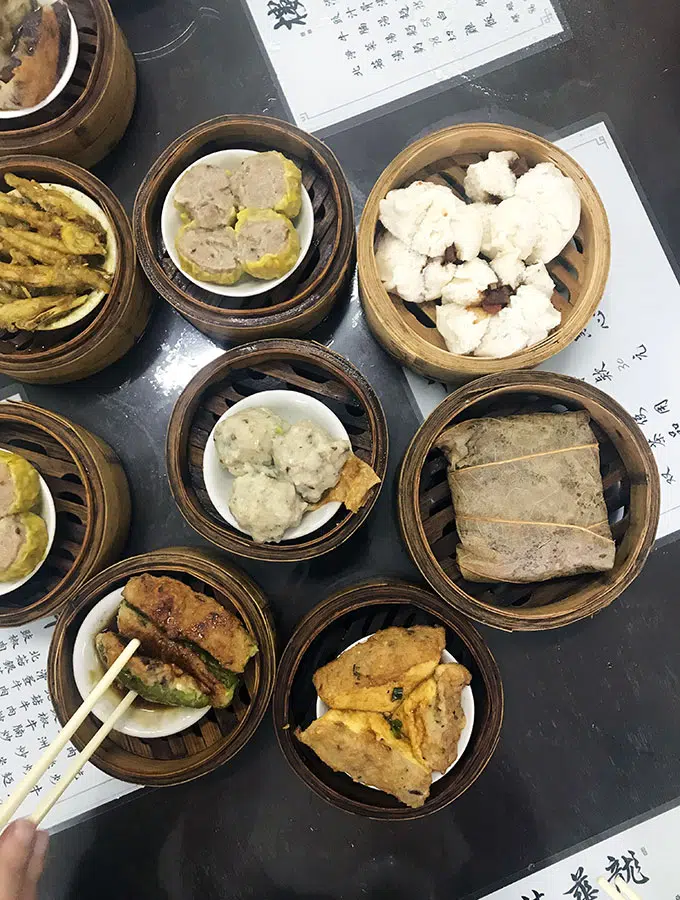 Long Va Tea House in Macao - a selection of dim sum in various baskets