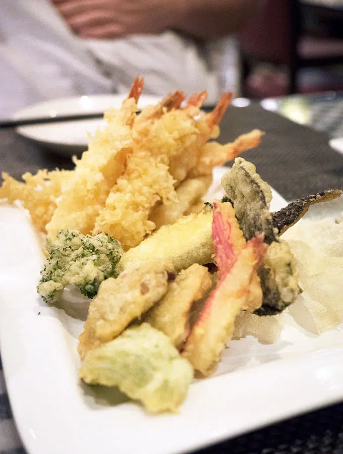 tempura prawns and vegetables on a plate