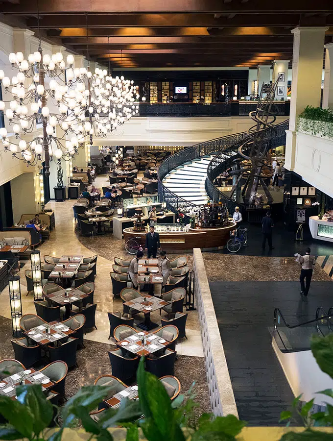 spiral dining room view from level above at Sofitel Philippine Plaza Manila