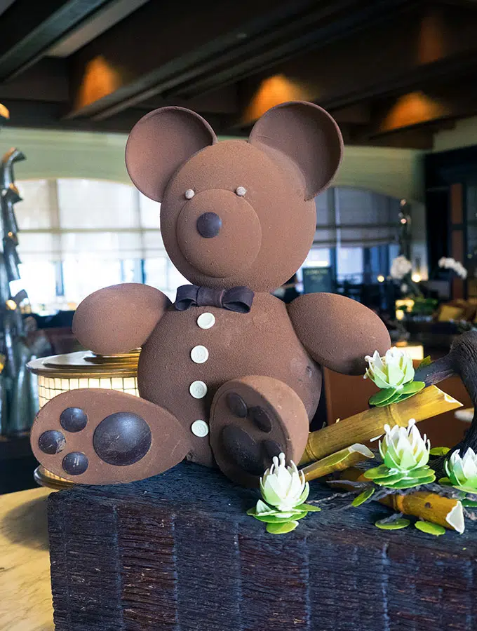 giant chocolate teddy bear and chocolate flowers