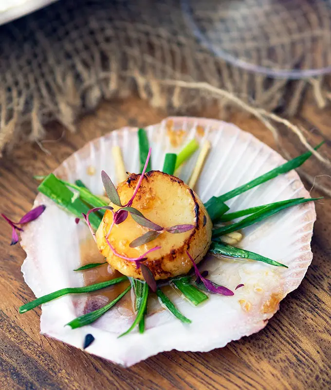 a single seared scallop with sake butter sauce on the shell