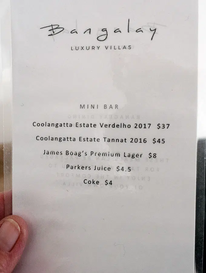 mini bar menu