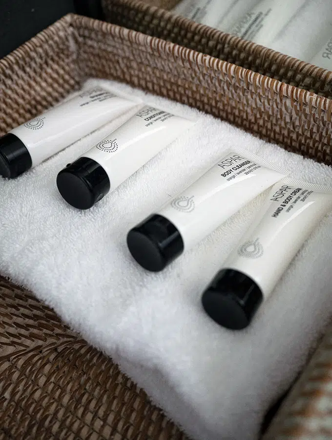 bathroom amenities on a face cloth