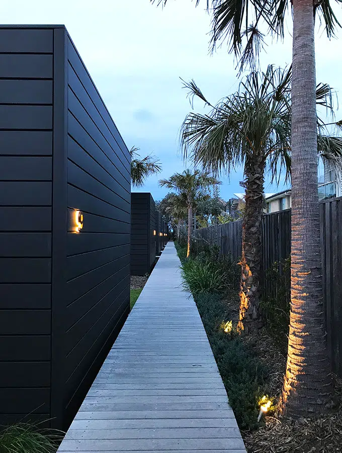 plam trees lining the walkway past the villas at night