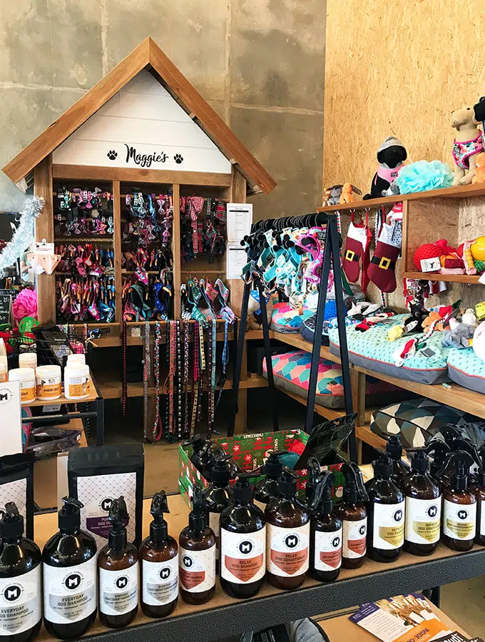 the shop at maggies dog cafe with various items for your dog to purchase