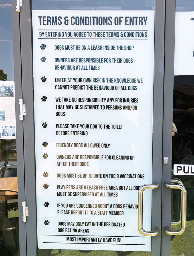 door to maggies dog cafe showing the rules of entry