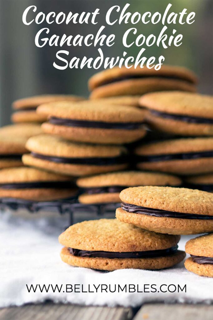 a pile of coconut chocolate cookie sandwiches