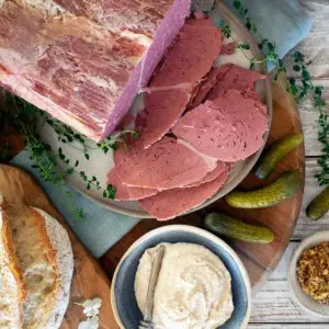 corn beef sliced with accompaniments