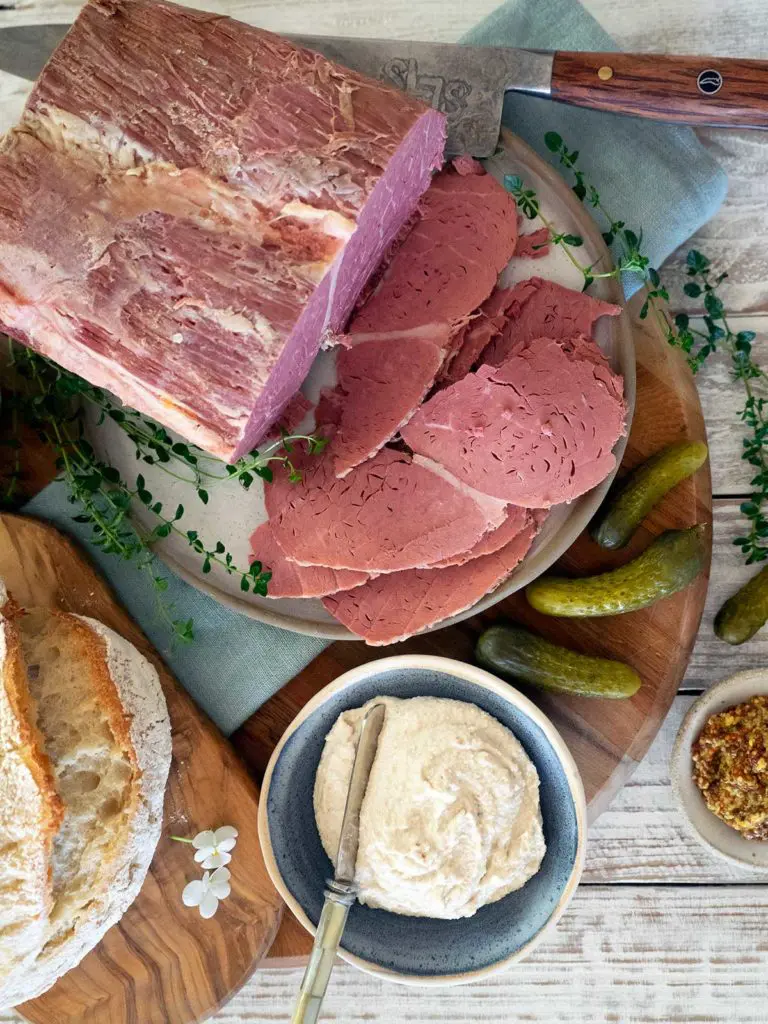 corn beef sliced with accompaniments