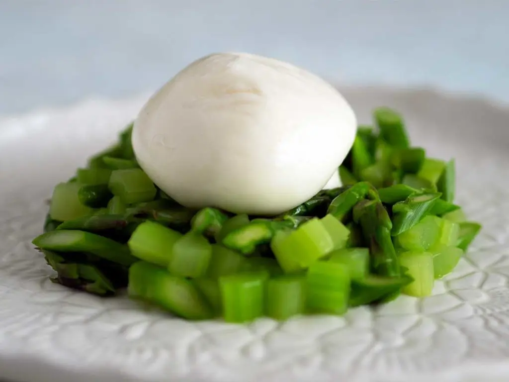 burrata sitting on a bed of diced asparagus and celery