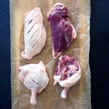 two duck breasts and two duck legs place on parchment paper, wooden board underneath and a blue background