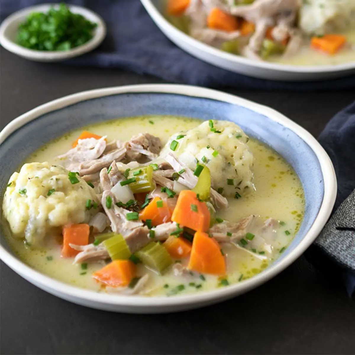 large dumplings and creamy chicken and vegetable casserole in a big bowl on a blue background