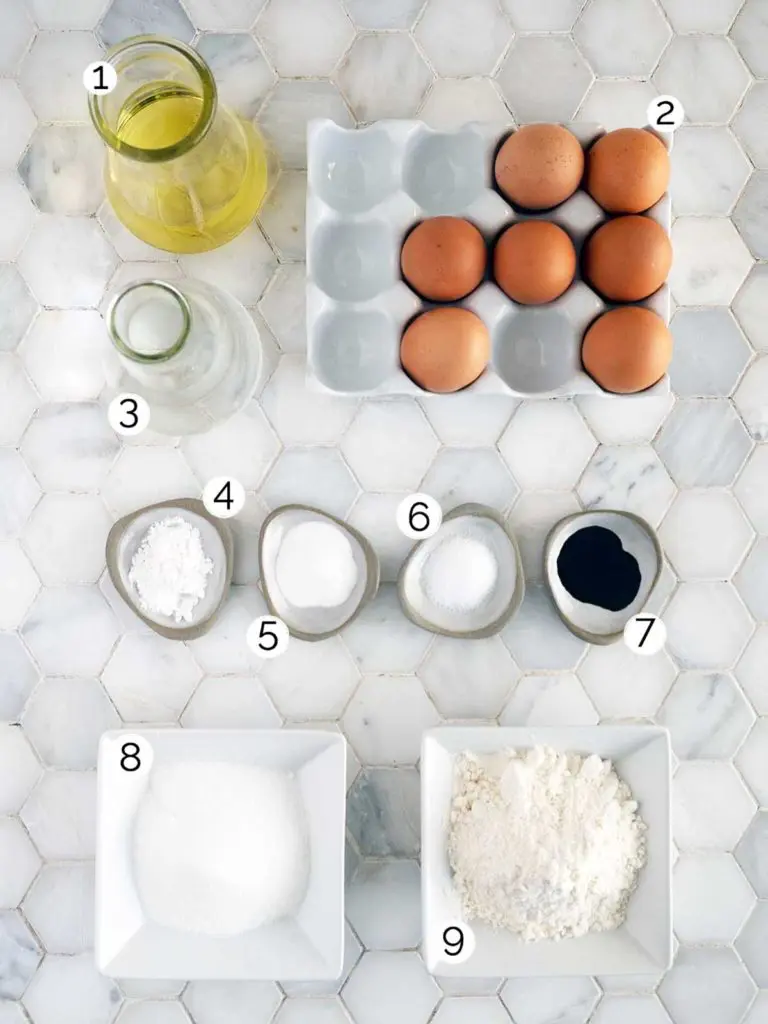 ingredients for pandan cake on a tiled surface