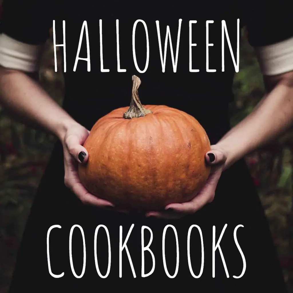 girl hold pumpkin with the words halloween cookbooks