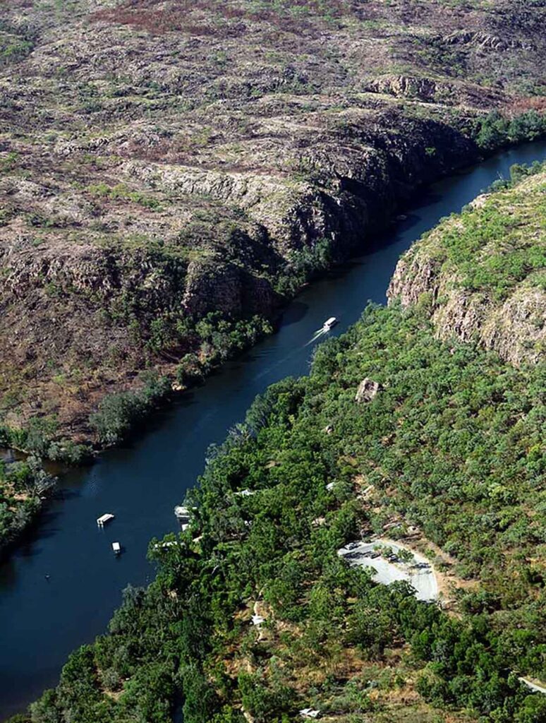 tour boats on the river in Katherine Gorge view from a plane