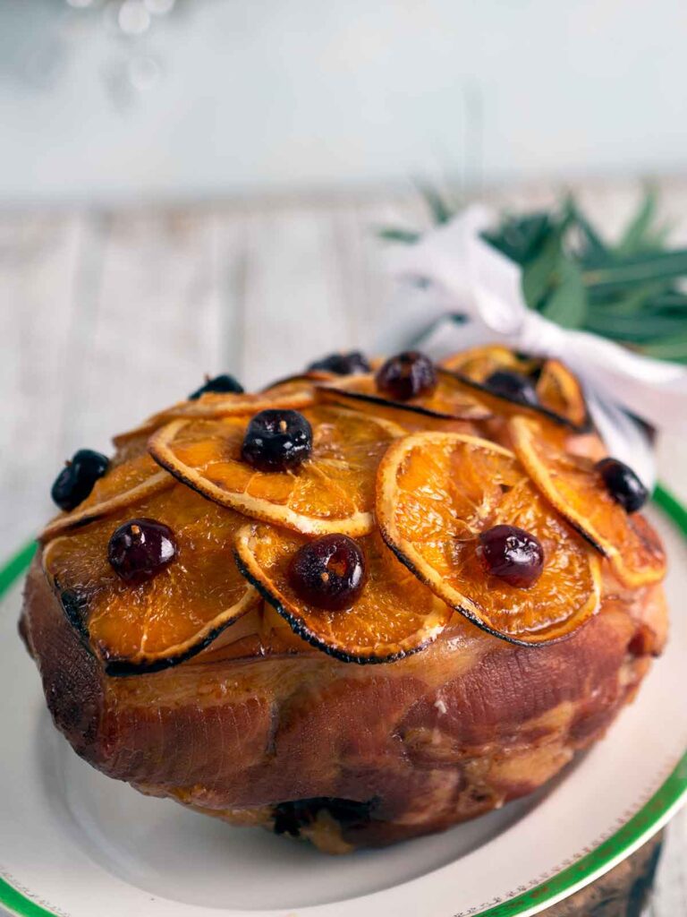 old fashioned glazed ham on serving platter