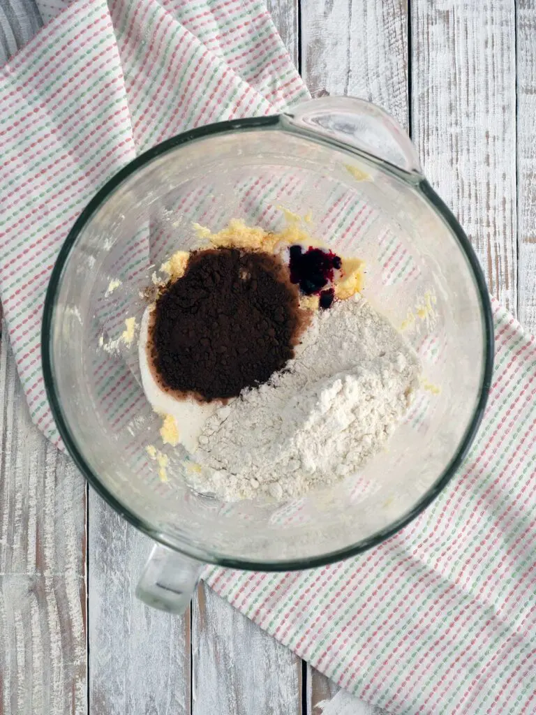 red velvet cake ingredients in a glass bowl