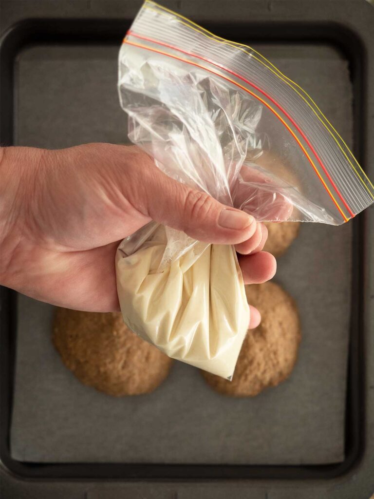 cross mixture in a ziplock bag for piping