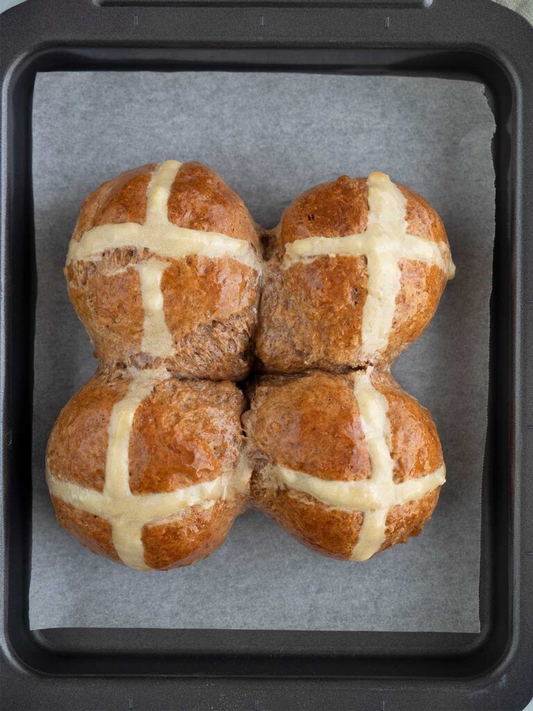 quick hot cross buns straight out of the oven and glazed