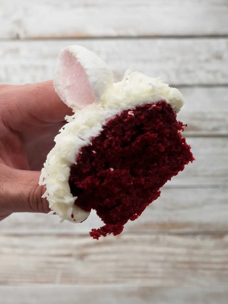 bunny cupcake cut in half showing the cake crumb